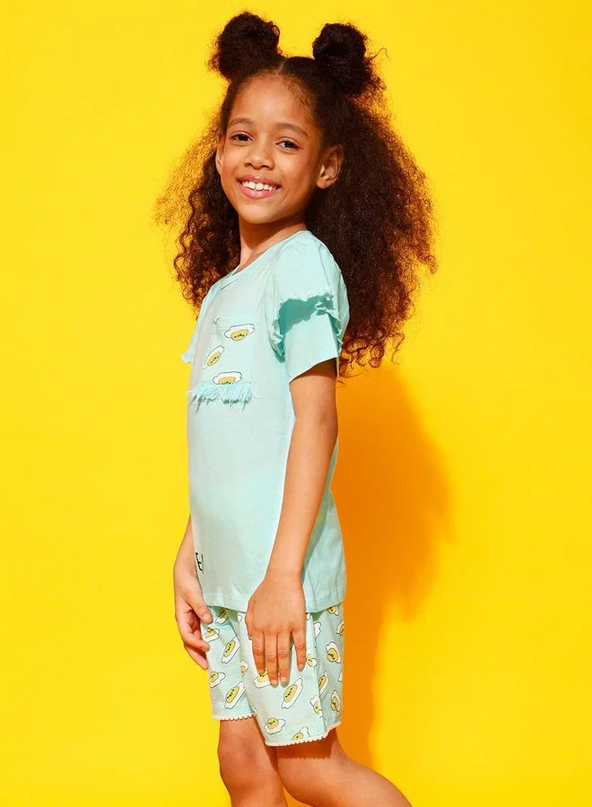 Clovia Cubs Egg-Cited Graphic Ruffled Top & Shorts Set by Styli