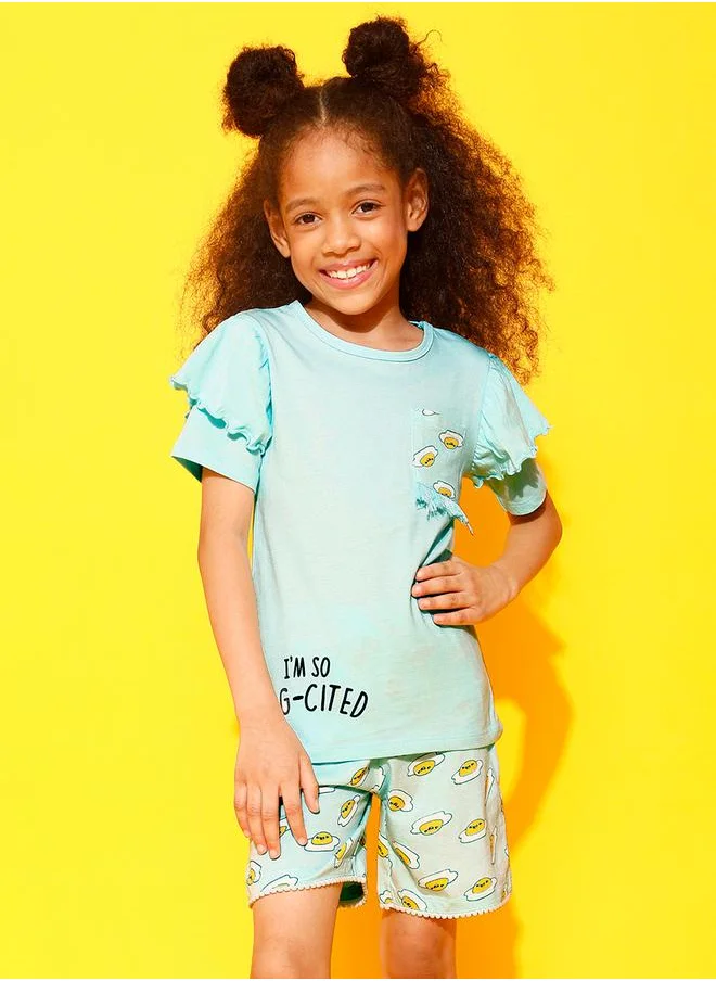Clovia Cubs Egg-Cited Graphic Ruffled Top & Shorts Set by Styli