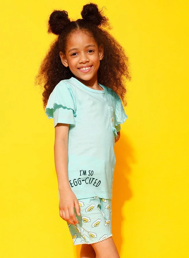 Clovia Cubs Egg-Cited Graphic Ruffled Top & Shorts Set by Styli