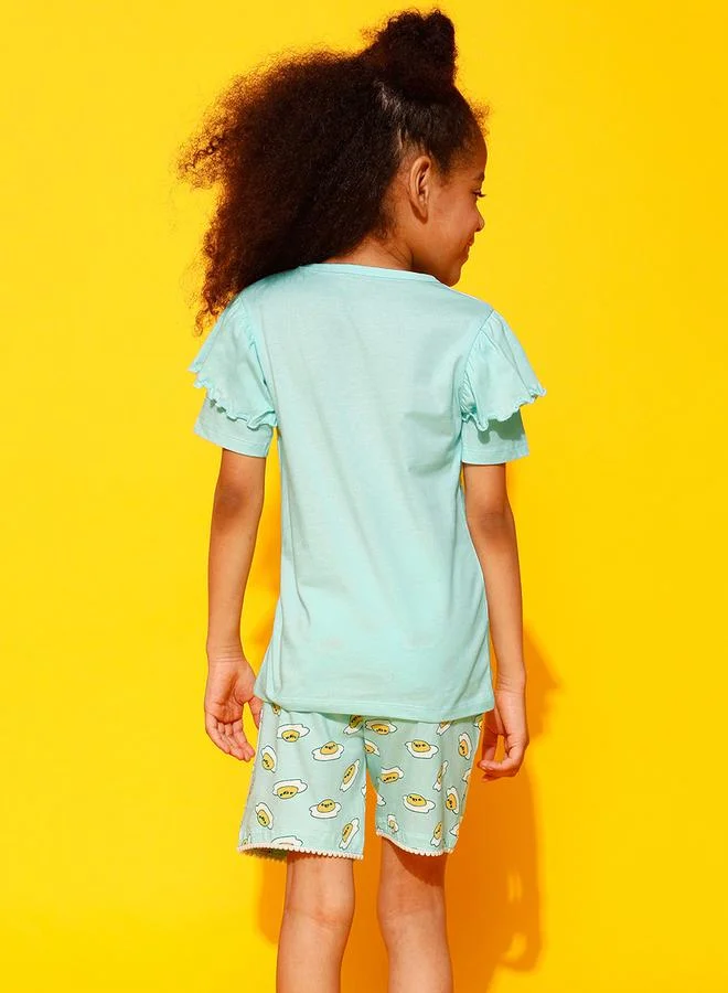 Clovia Cubs Egg-Cited Graphic Ruffled Top & Shorts Set by Styli