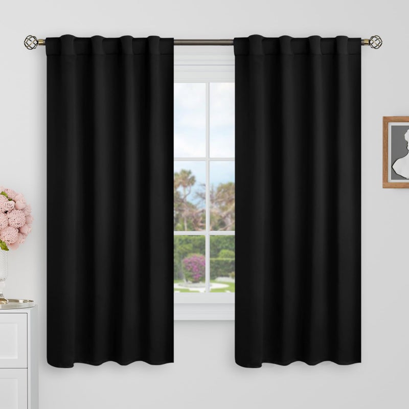 BGment Black Blackout Curtains 60 Inches Long for Bedroom - 34 x 60 inch Window Curtains Panels Rod Pocket and Back Tab Thermal Insulated Room Darkening Drapes for Kids Room, 2 Window Panels Set - Image 1