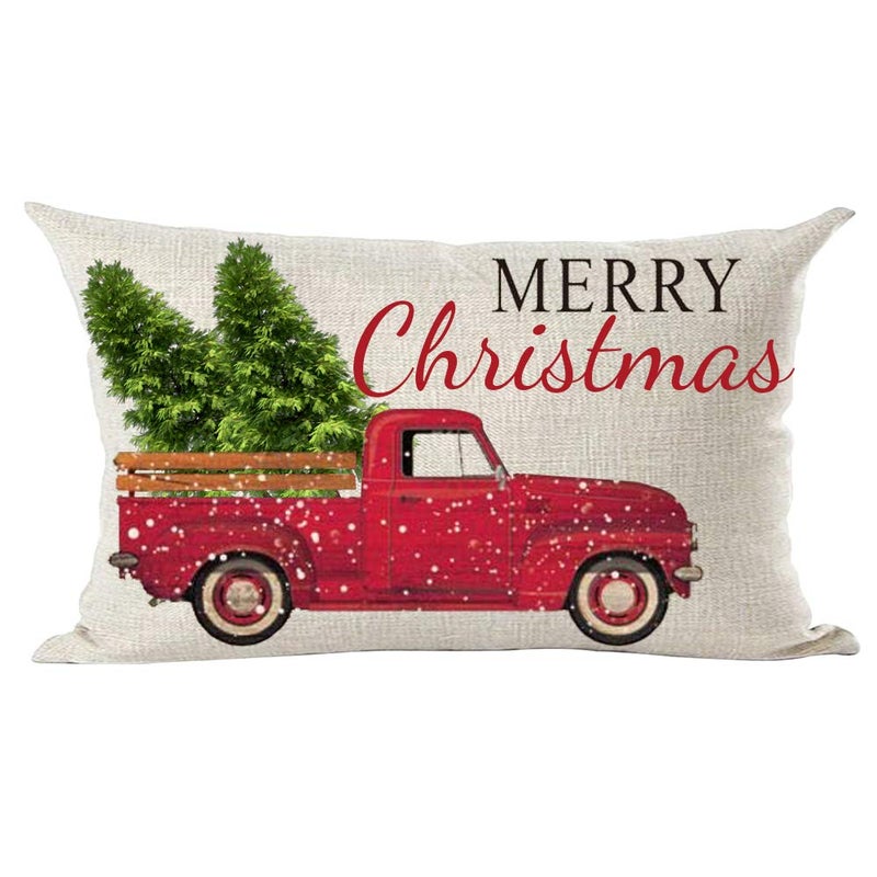 Ramirar Retro Red Pickup Truck Merry Christmas Trees Snowflakes New Year Winter Decorative Lumbar Throw Pillow Cover Case Home Living Room Bed Sofa Car Cotton Linen Rectangular 12 x 20 Inches
