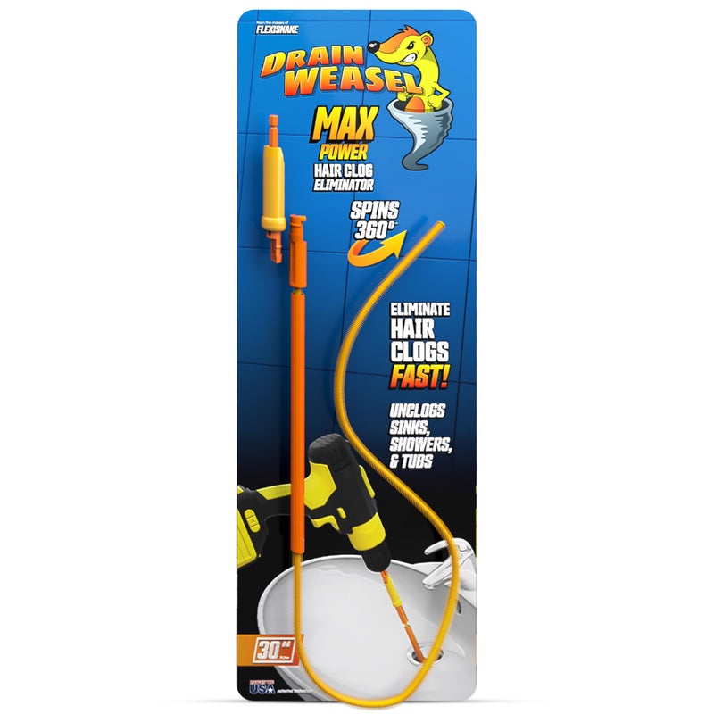 FlexiSnake Drain Weasel MAX Power Sink Snake Hair Clog Remover Tool Sink Pipe Bathroom Bathtub Drain Cleaner with Drill Connector 30inches Long Made in The USA