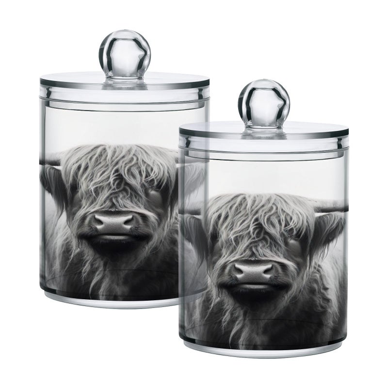 Kigai Highland Cow Qtip Holder Dispenser for Cotton Ball, Cotton Swab,Plastic Clear Apothecary Jar, Home Décor Kitchen Storage Jar,2 Pack - Image 1
