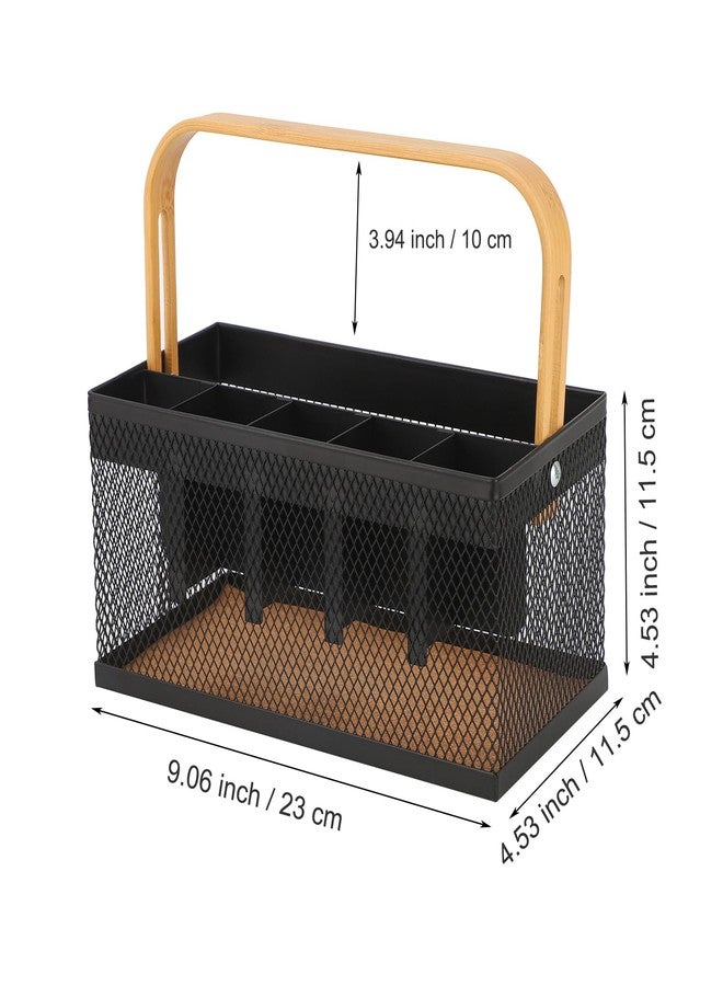 AJIODA Utensil Caddy Metal Mesh Silverware Cutlery Organizer Basket with Bamboo Handle, Multi-Purpose Steel Wire Caddy 6 Compartment Flatware Basket for Kitchen, Countertop, Picnic, Restaurant, Black - Image 3