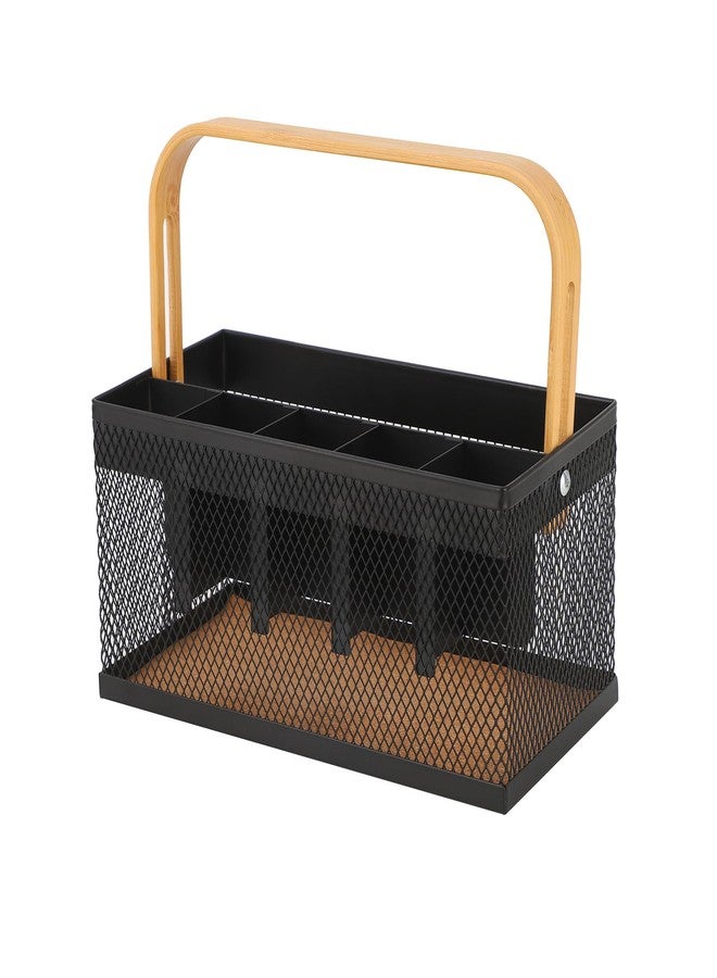 AJIODA Utensil Caddy Metal Mesh Silverware Cutlery Organizer Basket with Bamboo Handle, Multi-Purpose Steel Wire Caddy 6 Compartment Flatware Basket for Kitchen, Countertop, Picnic, Restaurant, Black - Image 1