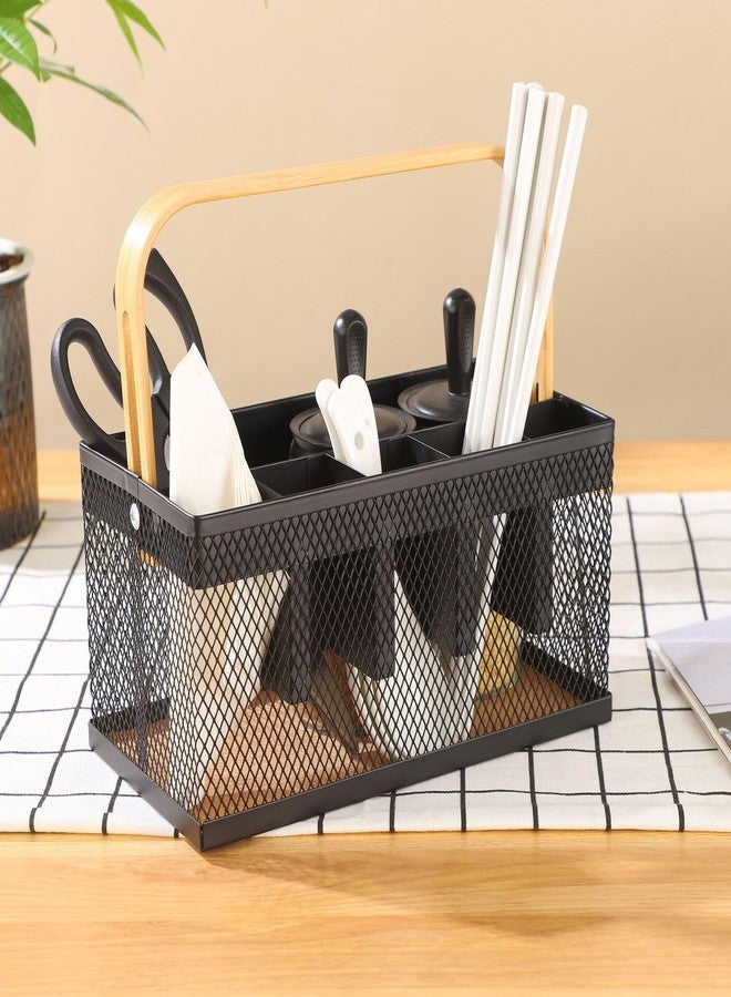 AJIODA Utensil Caddy Metal Mesh Silverware Cutlery Organizer Basket with Bamboo Handle, Multi-Purpose Steel Wire Caddy 6 Compartment Flatware Basket for Kitchen, Countertop, Picnic, Restaurant, Black - Image 2