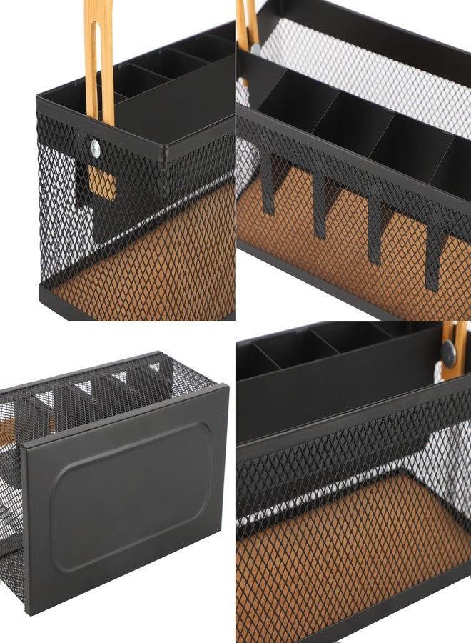 AJIODA Utensil Caddy Metal Mesh Silverware Cutlery Organizer Basket with Bamboo Handle, Multi-Purpose Steel Wire Caddy 6 Compartment Flatware Basket for Kitchen, Countertop, Picnic, Restaurant, Black - Image 4