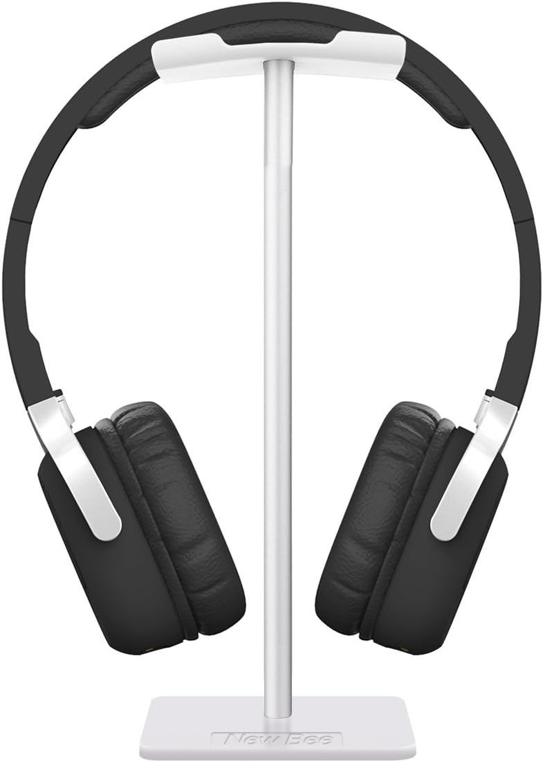 New bee Headphone Stand Headset Holder Earphone Stand with Aluminum Supporting Bar Flexible Headrest ABS Solid Base for All Headphones Size (White) - Image 1