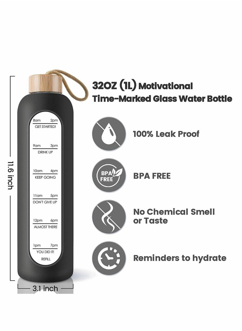 32 Oz Borosilicate Glass Water Bottle with Time Marker Reminder Quotes, Leak Proof Reusable BPA Free Motivational Water Bottle with Silicone Sleeve and Bamboo Lid (Black) - pzsku/ZD3C66E5DE977B85E7A6EZ/45/_/1680884636/6eec135d-3e2c-413a-b35b-66842a7fce3e