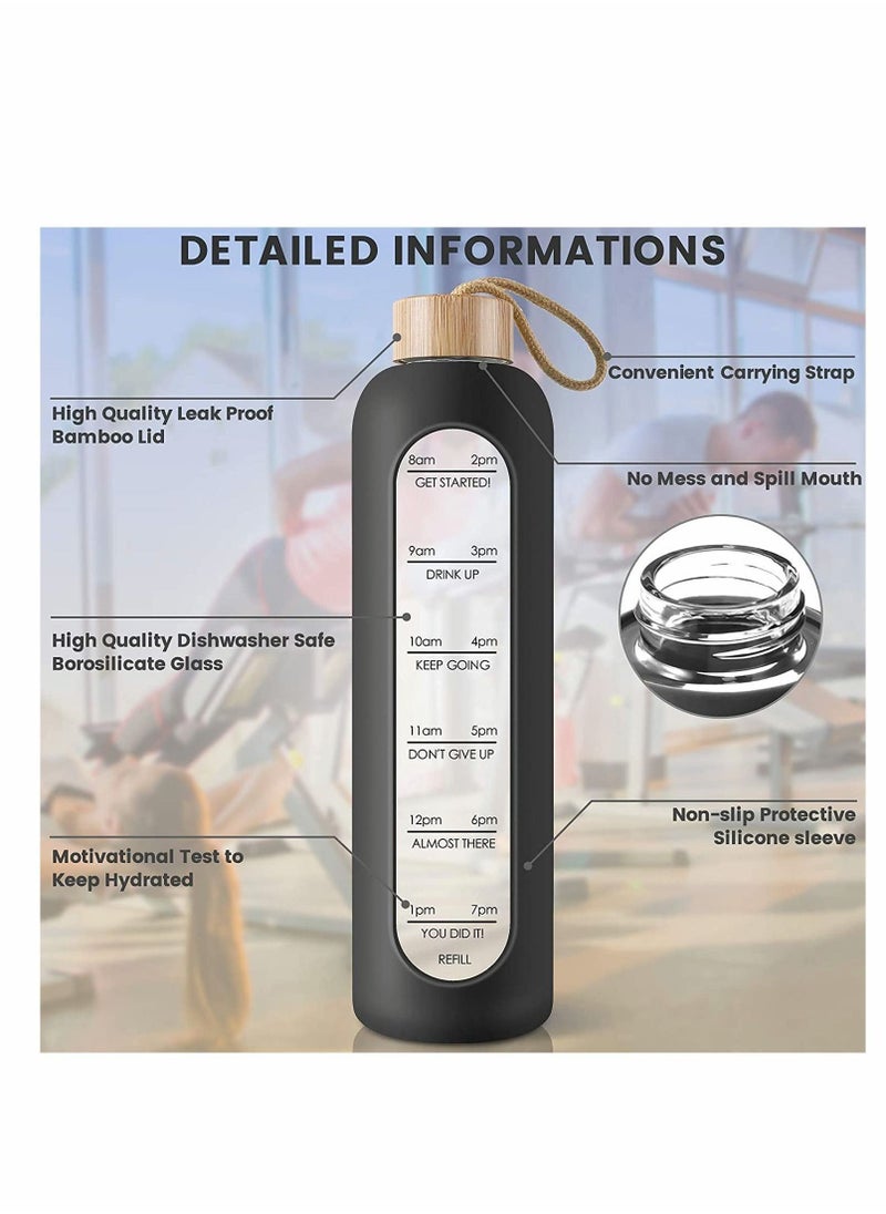 32 Oz Borosilicate Glass Water Bottle with Time Marker Reminder Quotes, Leak Proof Reusable BPA Free Motivational Water Bottle with Silicone Sleeve and Bamboo Lid (Black) - pzsku/ZD3C66E5DE977B85E7A6EZ/45/_/1680884636/c7239a1b-70d4-4957-a0c2-83c1b957def5