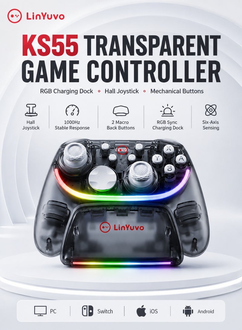 LinYuvo KS55 Wireless Gaming Controller, Hall Effect Sticks, RGB Charging Dock, Mechanical Buttons for Switch, Windows, iOS & Android - Image 1