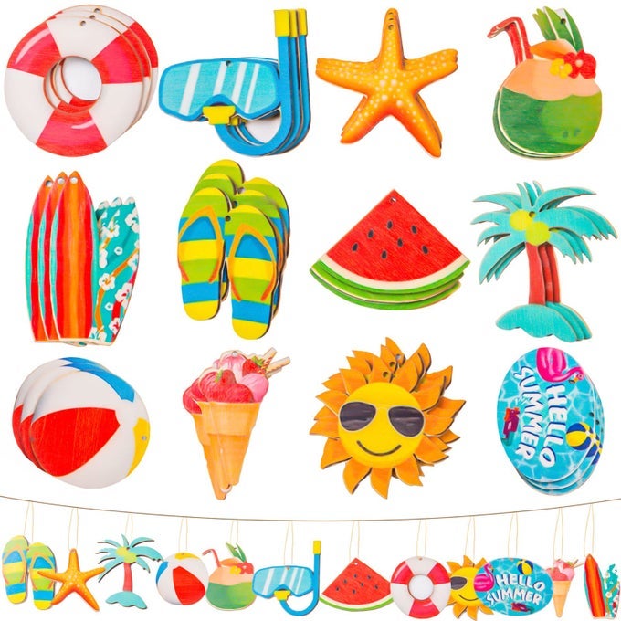 36PIECE SUMMER TREE ORNAMENTS SET WOODEN HANGING ORNAMENTS WITH ROPES MULTICOLORED NAUTICAL DECORATIVE HANGING ORNAMENTS BIRTHDAY PARTY SUPPLIES DIY DECOR