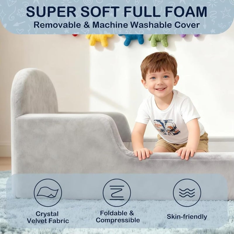 Soft Foam Toddler Bed with Medical Mattress - Beige Upholstered Kids Floor Bed - Image 4