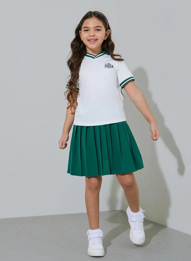 Styli Girls White KSA National Day Polo T-Shirt and Dark Green Pleated Skirt Set