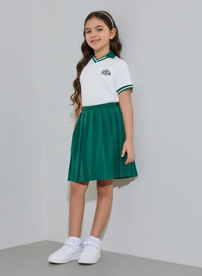 Styli Girls White KSA National Day Polo T-Shirt and Dark Green Pleated Skirt Set