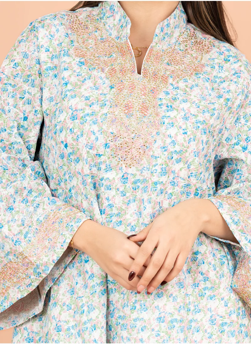 IKKXA Mandarin Collar Embroidered Jalabiya with Printed Pattern IK4009 Pink