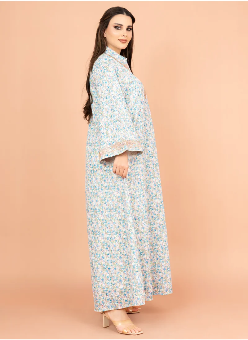IKKXA Mandarin Collar Embroidered Jalabiya with Printed Pattern IK4009 Pink