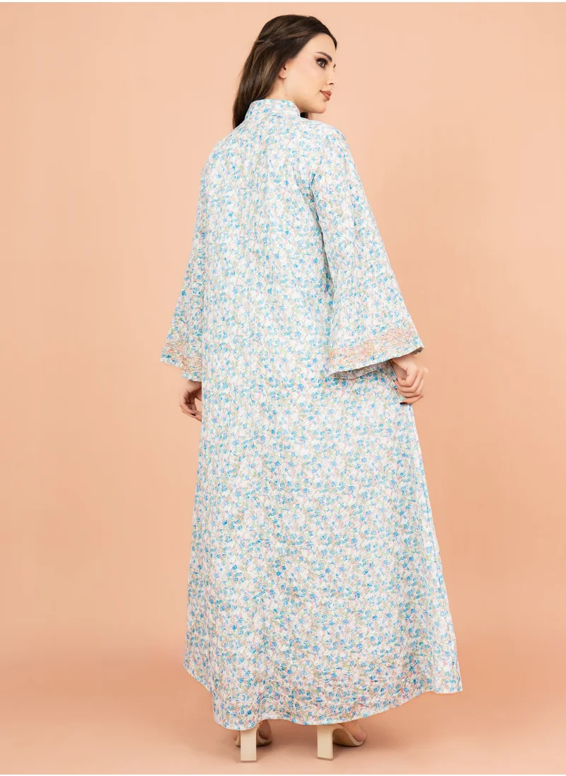IKKXA Mandarin Collar Embroidered Jalabiya with Printed Pattern IK4009 Pink
