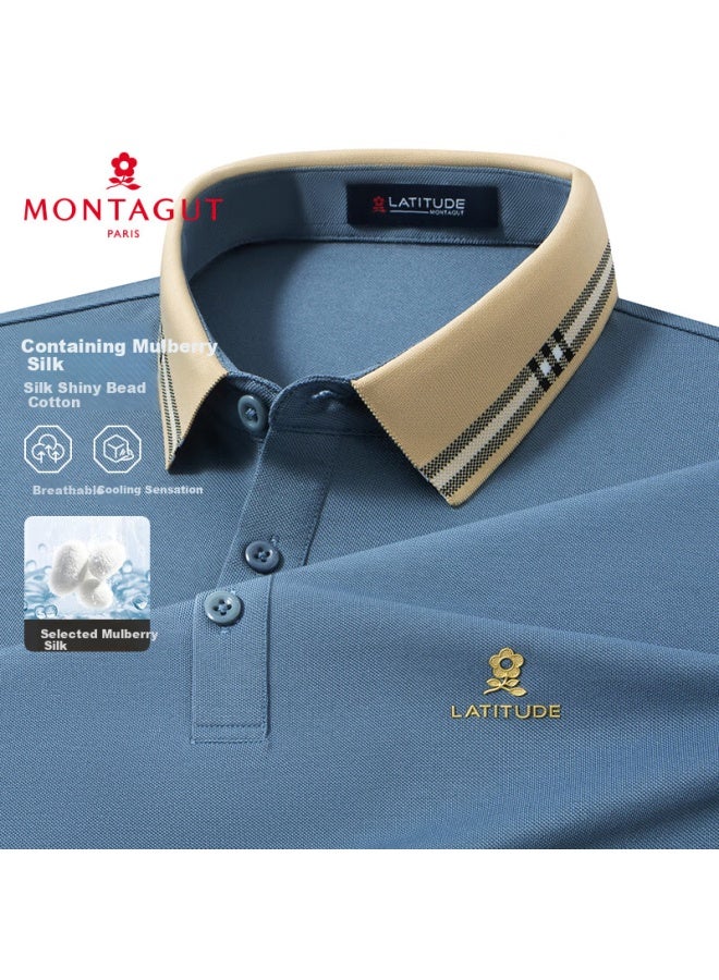 Montagut Polo Shirt Short Sleeve For Men, Summer High-End Collared Cool-Feeling Mulberry Silk Breathable T-Shirt Half Sleeve, Misty Blue, 3Xl/56 - Image 1