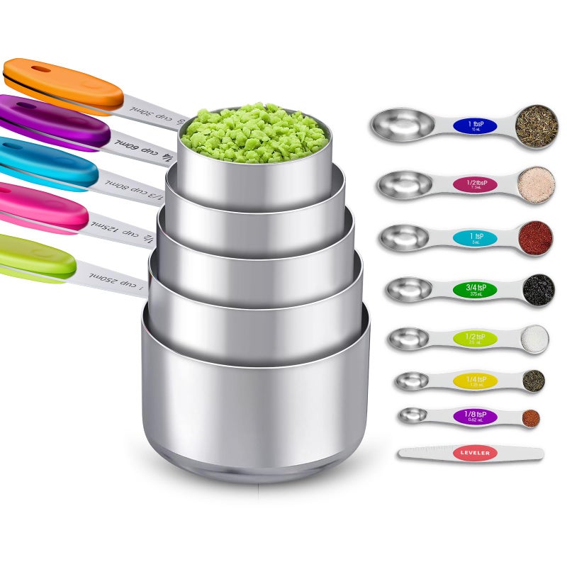 TopFeel 13-Piece Measuring Cups and Magnetic Spoons Set, 5 Stainless Steel Measuring Cups, 7 Double-Sided Magnetic Measuring Spoons & 1 Leveler for Cooking and Baking (5+7+1) - Image 1