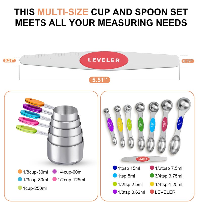 TopFeel 13-Piece Measuring Cups and Magnetic Spoons Set, 5 Stainless Steel Measuring Cups, 7 Double-Sided Magnetic Measuring Spoons & 1 Leveler for Cooking and Baking (5+7+1) - Image 2