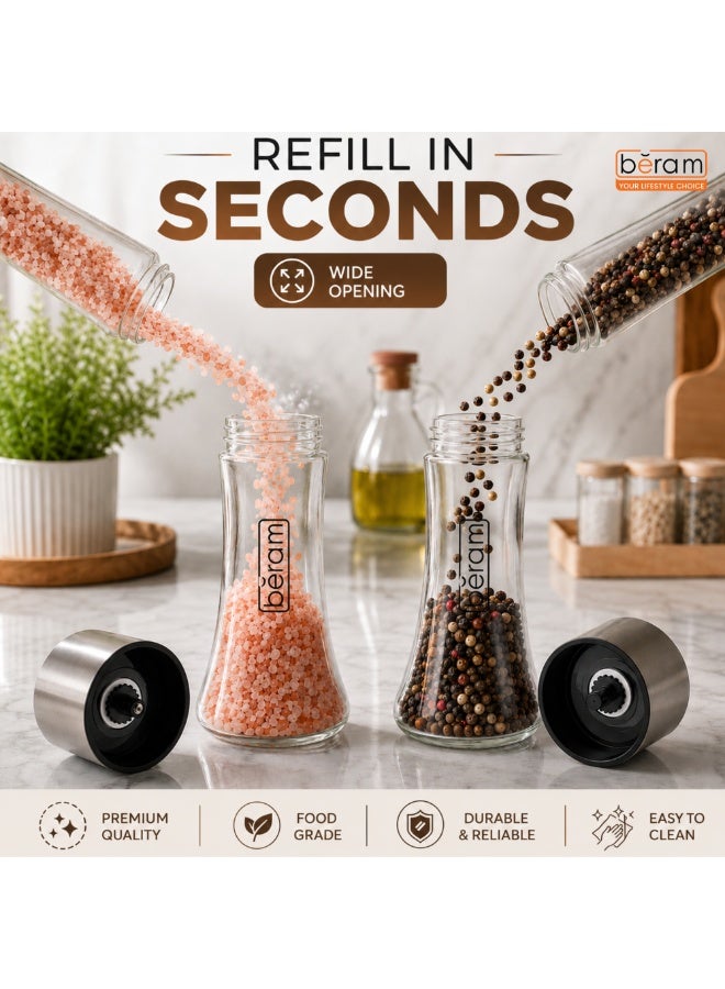 BERAM Salt and Pepper Grinder Set of 2, Manual Stainless Steel Salt & Pepper Mills with Adjustable Grinding Mechanism, Refillable Spice Grinder for Black Pepper, Sea Salt, Herbs & Seasoning for Kitchen & Dining - Image 3