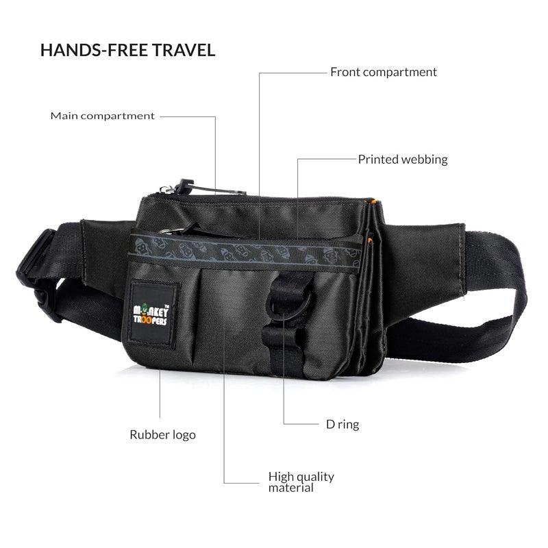 Monkey Troopers Pockit Waist Bag, Crossbody, Chest Bag for Men Women Girls Boys, Lightweight, Durable, Travel, Hikking, Casual, Dailyuse, Water Resistant (Black) - Image 3