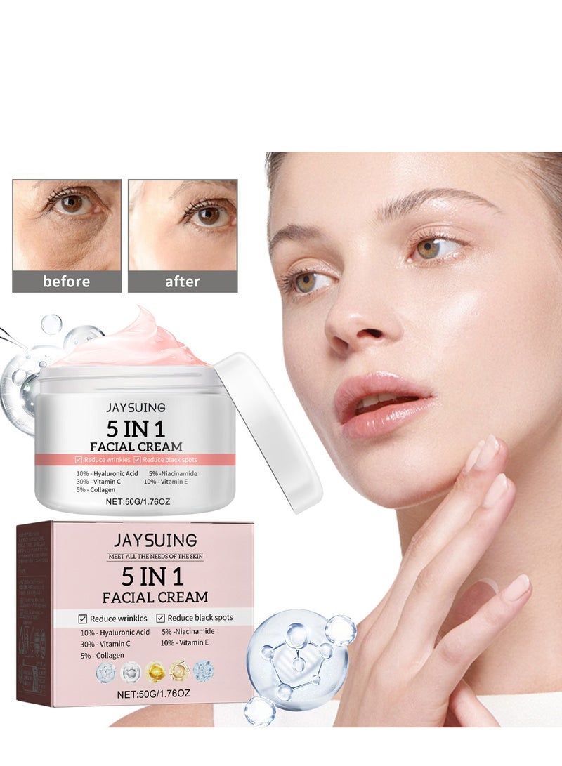 Jaysuing 5 In 1 Moisturizing Whitening Facial Cream, With Hyaluronic Acid Niacinamide Collagen Vitamin , Fast Absorbing Dark Spot Corrector Cream, Anti Wrinkles Cream For Age Defying Beauty 50g - Image 1