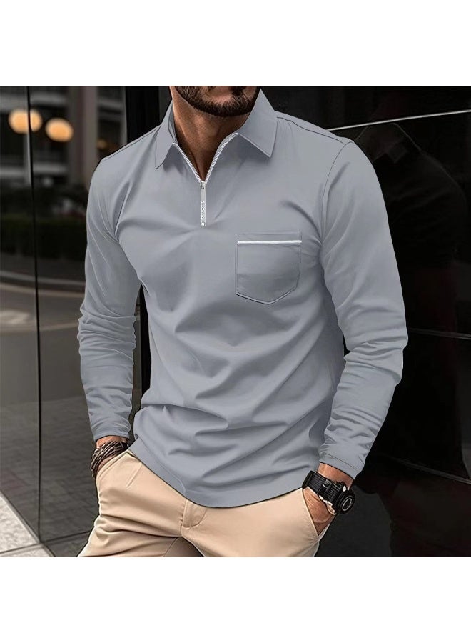 Spring Autumn Solid Color Long Sleeve Polo Shirt Zipper Pocket Lapel Men's Casual Sports Long Sleeve Top Men - Image 1