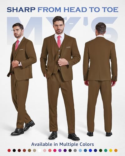 MYS MY'S Men's 3 Piece Suit Set with Tie, One Button Slim Fit Jacket Vest & Pants, Party Wedding Prom Blazer Waistcoat & Trousers, Khaki X-Small - Image 2