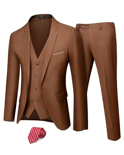 MYS MY'S Men's 3 Piece Suit Set with Tie, One Button Slim Fit Jacket Vest & Pants, Party Wedding Prom Blazer Waistcoat & Trousers, Khaki X-Small - Image 1