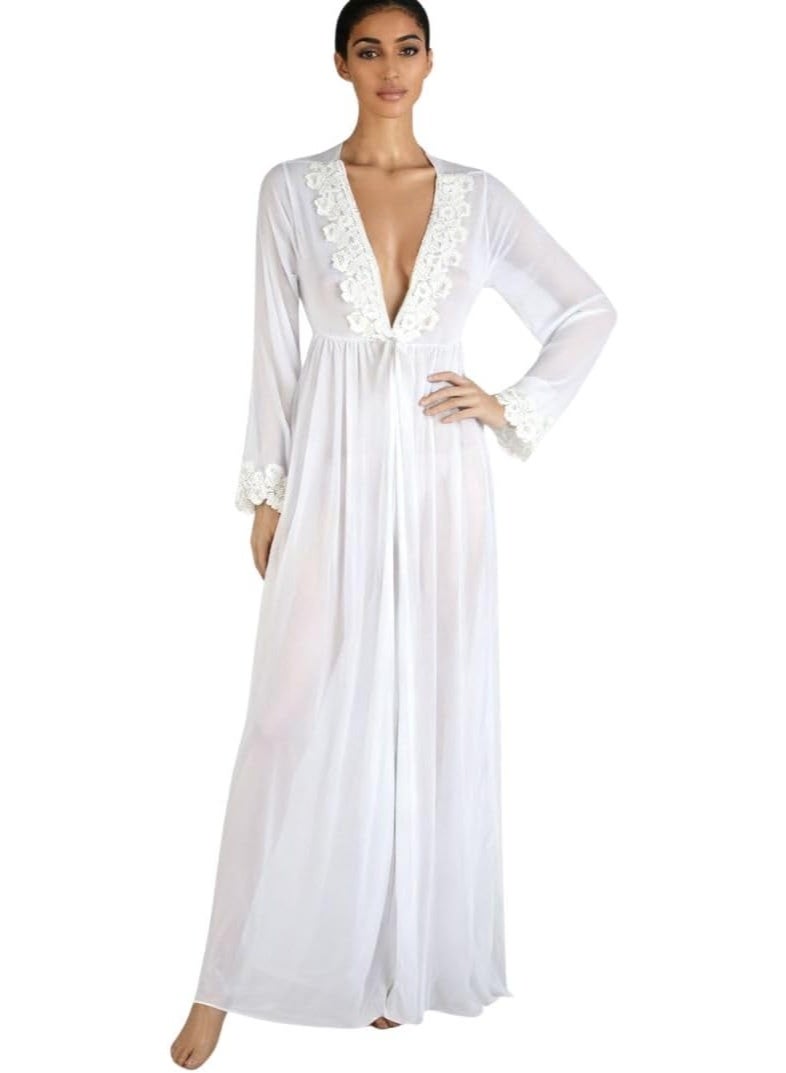 Women's white sheer tulle lingerie robe with floral lace trim, one size fits all, deep V-neck and long sleeves - Image 1