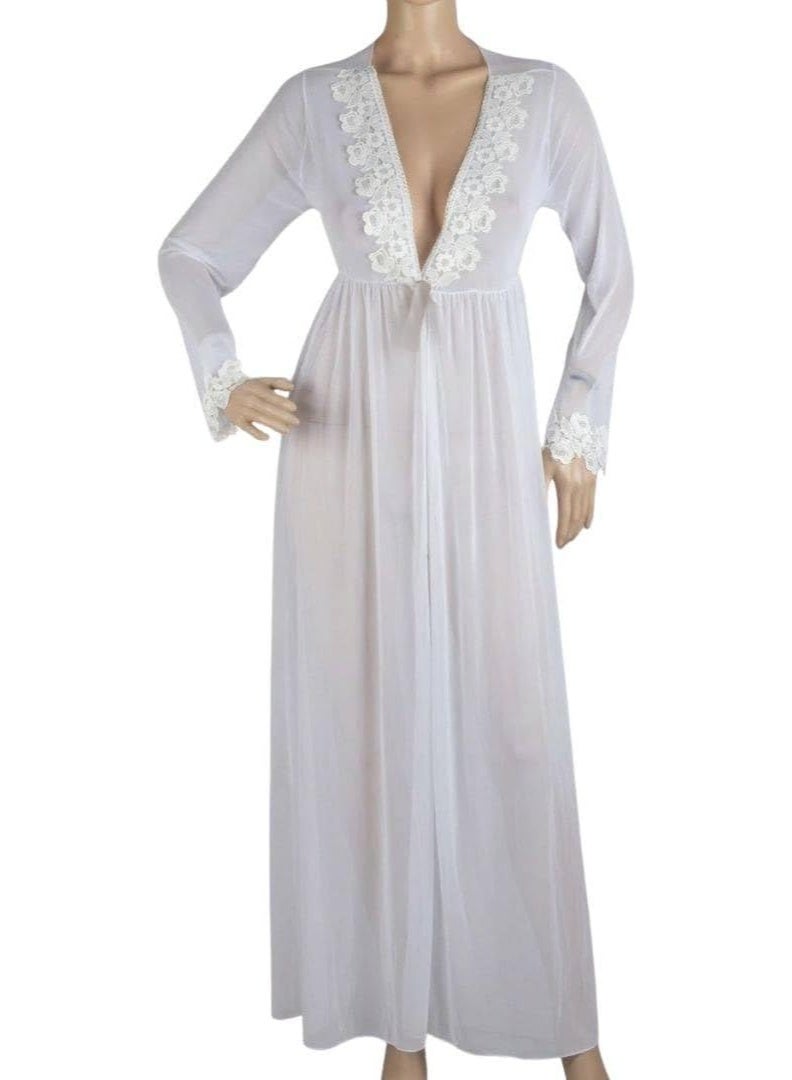 Women's white sheer tulle lingerie robe with floral lace trim, one size fits all, deep V-neck and long sleeves - Image 2