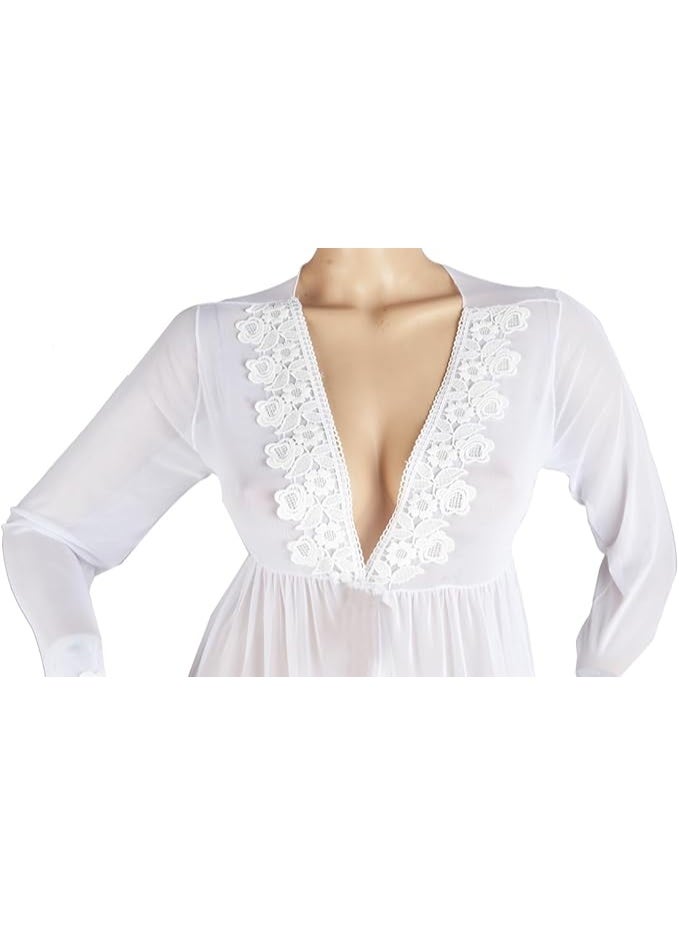 Women's white sheer tulle lingerie robe with floral lace trim, one size fits all, deep V-neck and long sleeves - Image 3