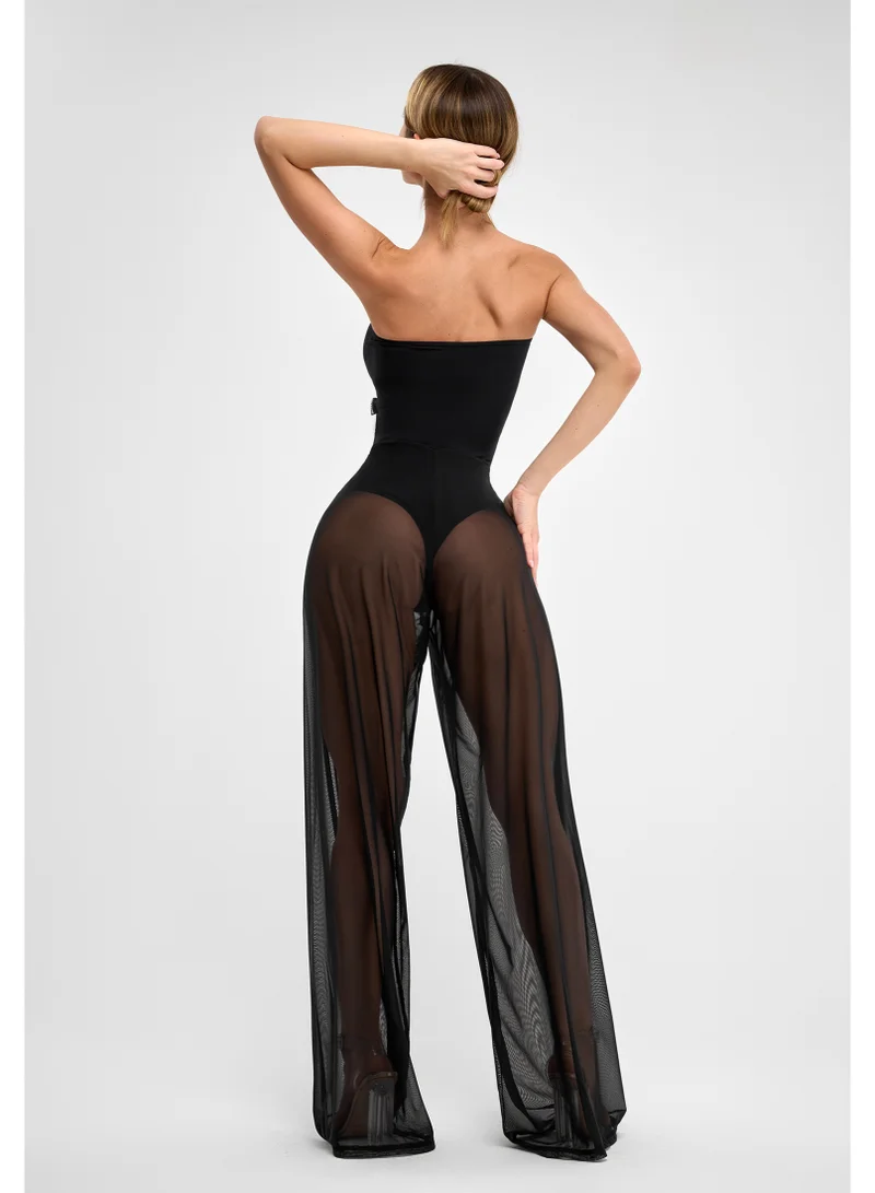 Bona Fide Bona Fide Strapless Mesh Jumpsuit for Women – One Piece Elegant Romper with Sheer Wide Legs – Sexy Casual Outfit for Vacation, Lounge or Party