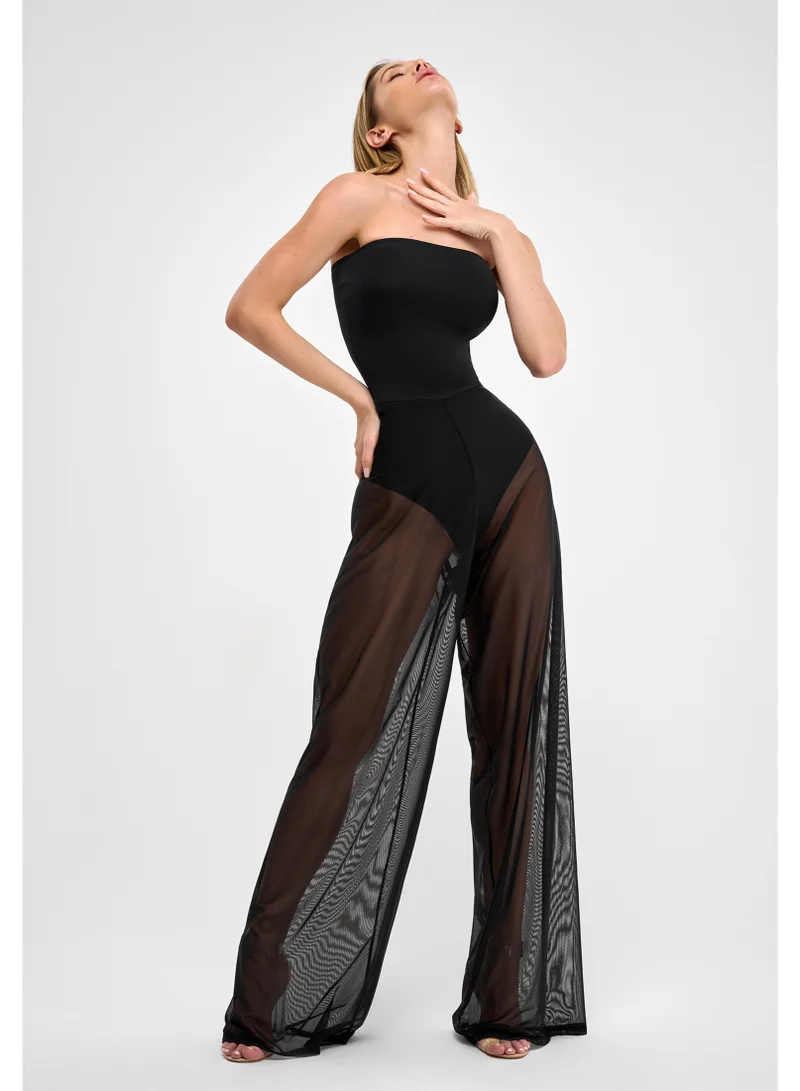 Bona Fide Bona Fide Strapless Mesh Jumpsuit for Women – One Piece Elegant Romper with Sheer Wide Legs – Sexy Casual Outfit for Vacation, Lounge or Party