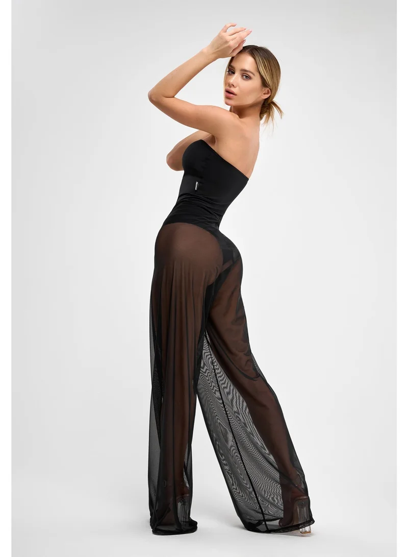 Bona Fide Bona Fide Strapless Mesh Jumpsuit for Women – One Piece Elegant Romper with Sheer Wide Legs – Sexy Casual Outfit for Vacation, Lounge or Party