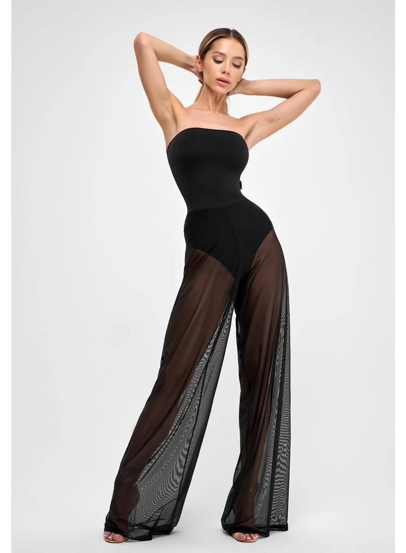 Bona Fide Bona Fide Strapless Mesh Jumpsuit for Women – One Piece Elegant Romper with Sheer Wide Legs – Sexy Casual Outfit for Vacation, Lounge or Party