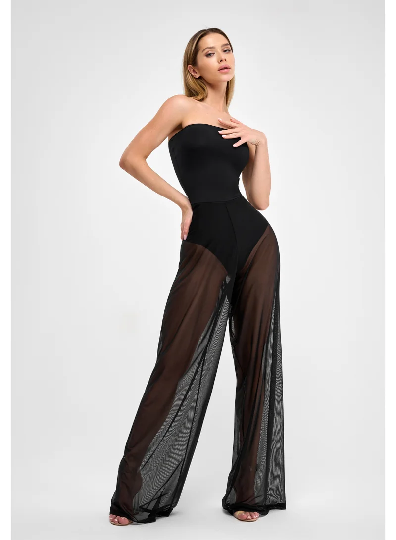 بونا فيدي جمبسوت بونا فايد بدون حمالات شبكي للنساء - قطعة واحدة أنيقة بأرجل واسعة شفافة - زي كاجوال مثير للإجازة أو الاسترخاء أو الحفلات