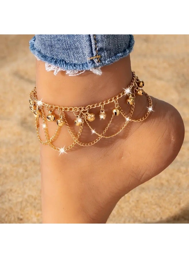 خلخال جرس شرابة ذهبي بوهو للنساء | مجوهرات الشاطئ الأنيقة | أزياء الصيف خلخال متعدد الطبقات | هدية المهرجان والعيد - Image 1