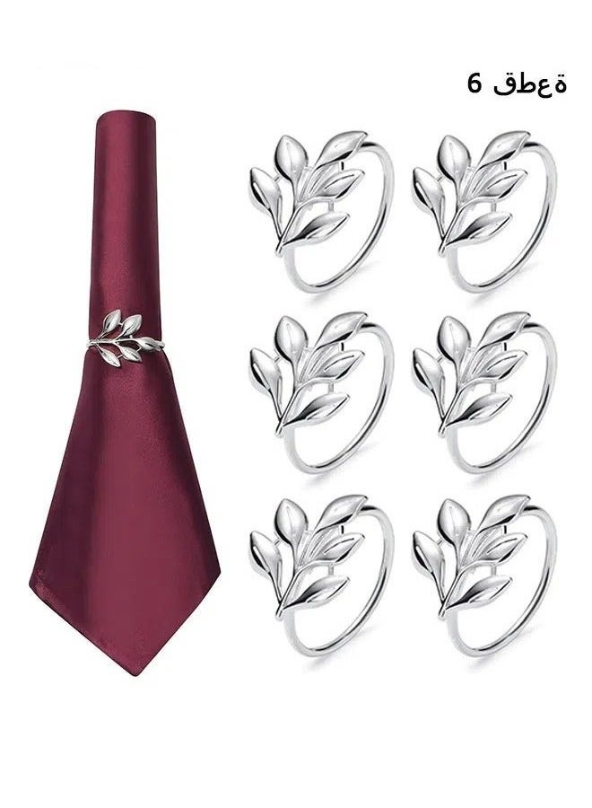 JOGAMS Napkin Rings Set of 6, Silver Napkin Ring Sets Vintage Leaf Napkin Ring Holders - Perfect for Fall - Image 1