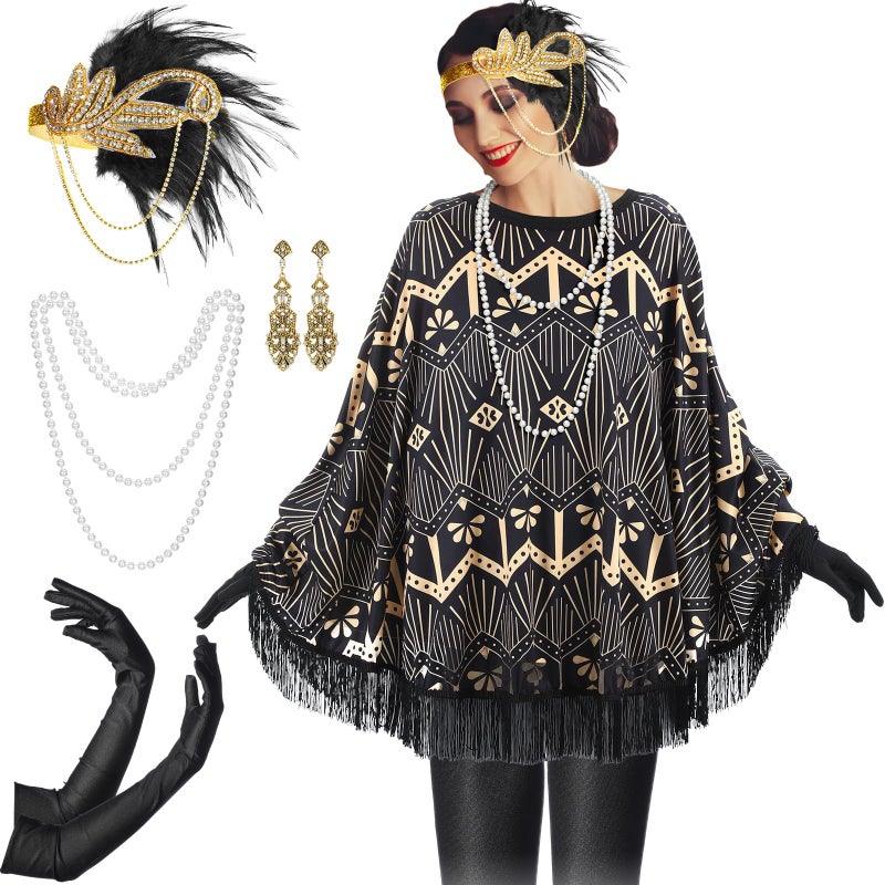 Floraltop 6 Pcs 1920s Flapper Costume Accessories Set for Women Fringed Poncho Flapper Shawl Outfits(Black,Classic) - Image 1