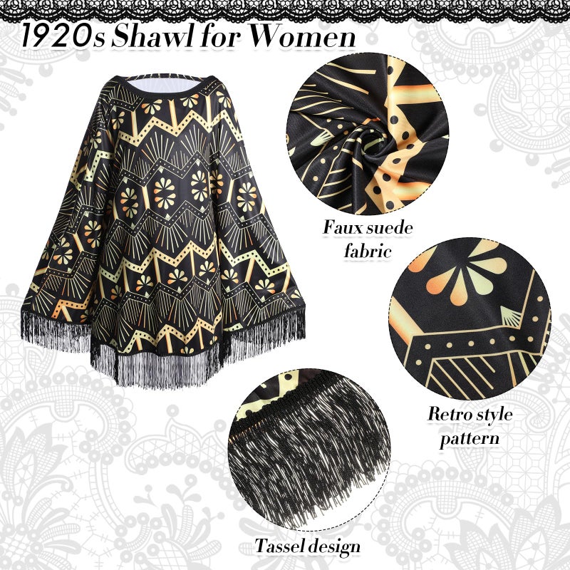 Floraltop 6 Pcs 1920s Flapper Costume Accessories Set for Women Fringed Poncho Flapper Shawl Outfits(Black,Classic) - Image 3