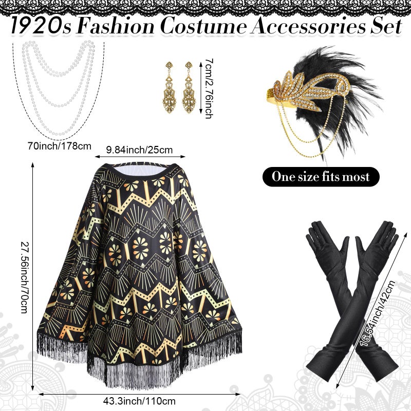 Floraltop 6 Pcs 1920s Flapper Costume Accessories Set for Women Fringed Poncho Flapper Shawl Outfits(Black,Classic) - Image 2