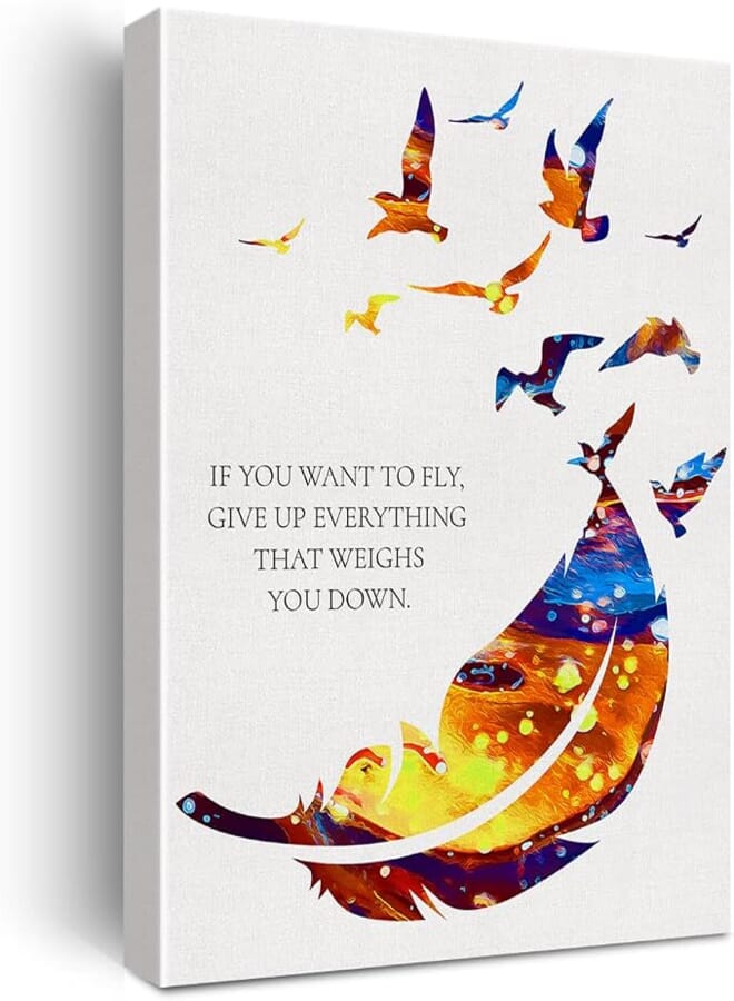 Nvhai If You Want To Fly Give Up Everything That Weighs You Down Watercolor Canvas Painting Birds Feather Prints for Home Wall Art Decor Framed Artwork Gifts(12x15 ")