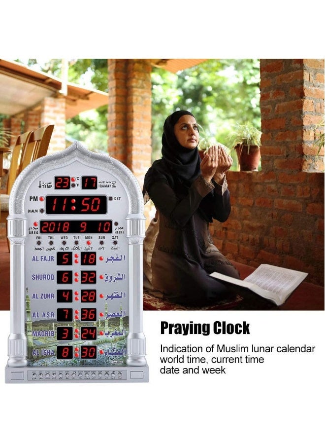Digital Azan Clock with Charger and Remote ,Desktop dgital clcok Wall Clock, Islamic Clock，Led Prayer Clock for Read Home/Office/Mosque Digital Azan Clock/Decorative Clock Silver 23x5x39 cm  - Image 4