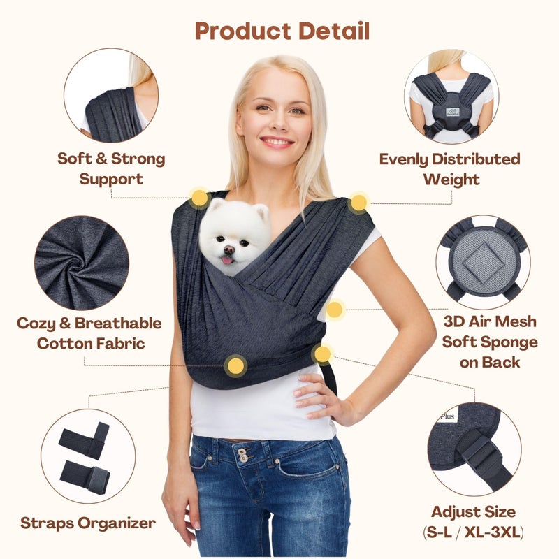 AnccoPlus Dog Carrier for Small Dogs, Front Facing Dog Carrier Sling, Hands Free Cat Sling, Size Adjustable, Reducing Back Pain, Soft Cotton, Premium Dog Sling Carrier (Regular, Charcoal Black) - Image 5