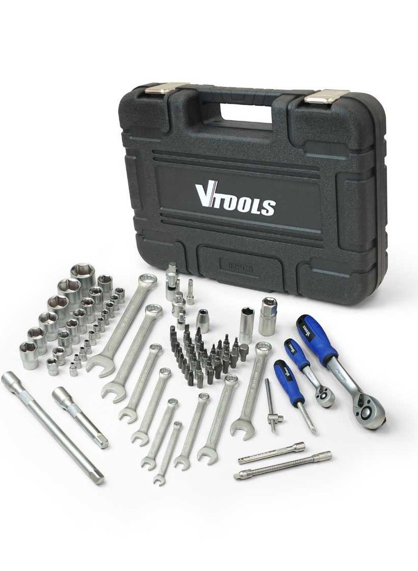 82 PC 1/2" & 1/4" Impact Socket & Spanner Tool Set in Portable Case Includes Extension Bars Universal Joint Deep Socket Sliding Bar & Socket Bits