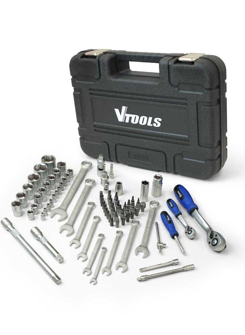 VTOOLS 82 PC 1/2" & 1/4" Impact Socket & Spanner Tool Set in Portable Case Includes Extension Bars Universal Joint Deep Socket Sliding Bar & Socket Bits  - Image 1